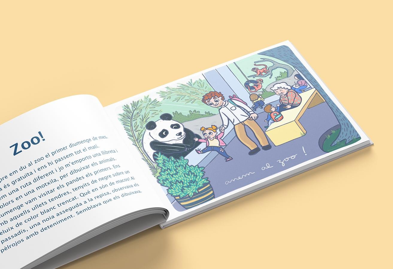 Ilustración infantil de estilo tierno y colorido, con varios animales como jirafas, elefantes y un niño acompañado de su familia en un entorno de zoo. La imagen transmite curiosidad, alegría y aprendizaje.