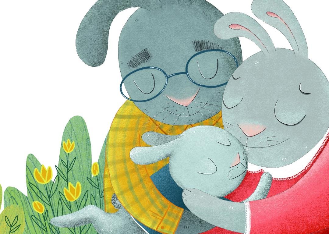 Ilustración narrativa con una familia de conejos antropomórficos en un entorno natural, donde se aprecia una escena cálida y familiar. Colores suaves y expresiones emocionales destacan en esta escena de cuento.